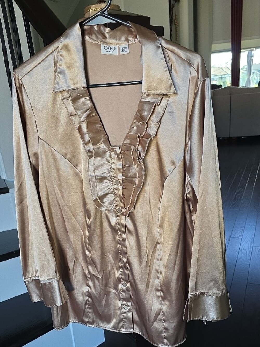 Cato Shimmery Gold Ruffle-Front Satin Blouse - Picture 6 of 13